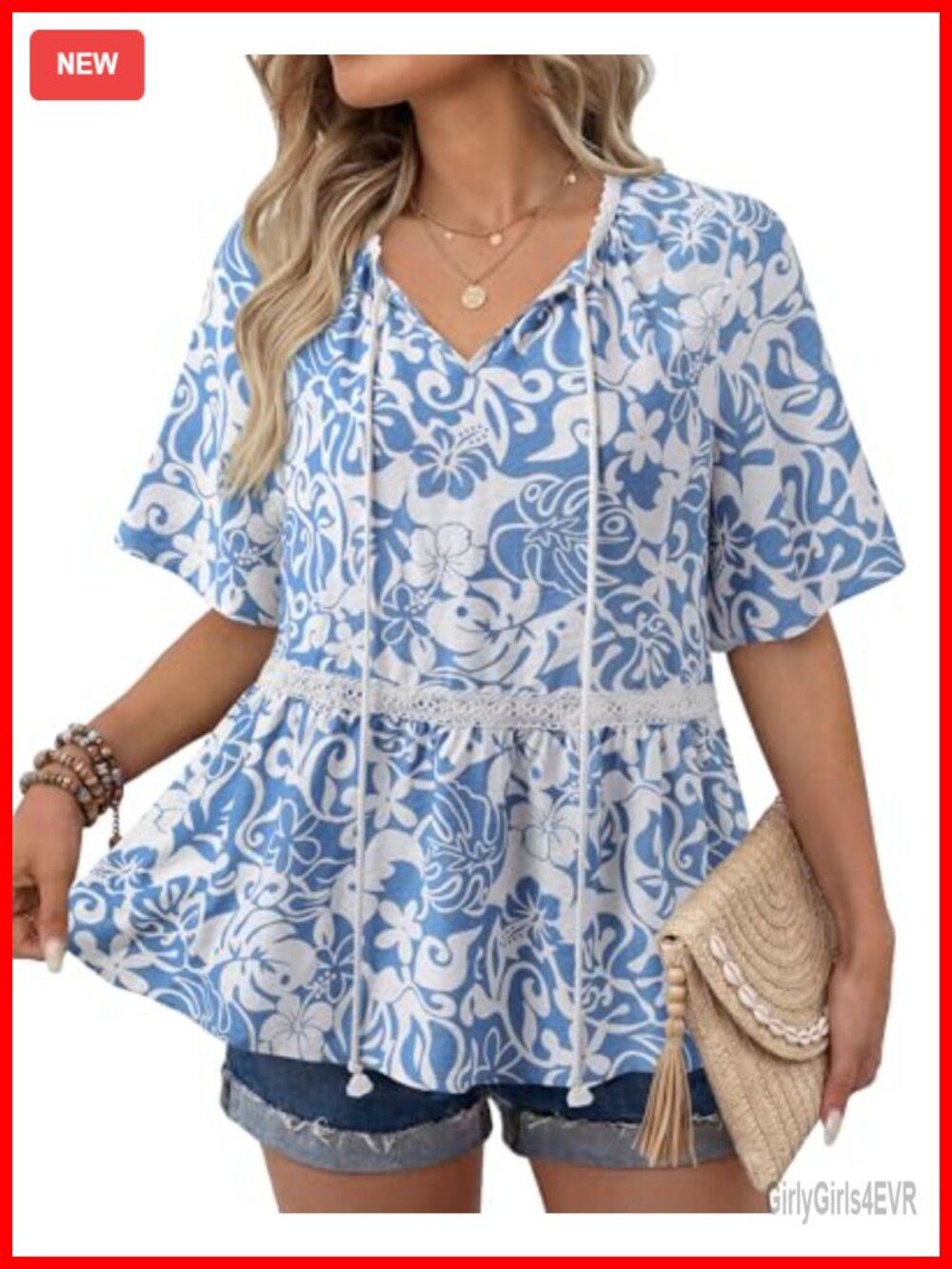 Womens Boho Floral Tunic Top Short Sleeve V Neck Tie Front Blouse